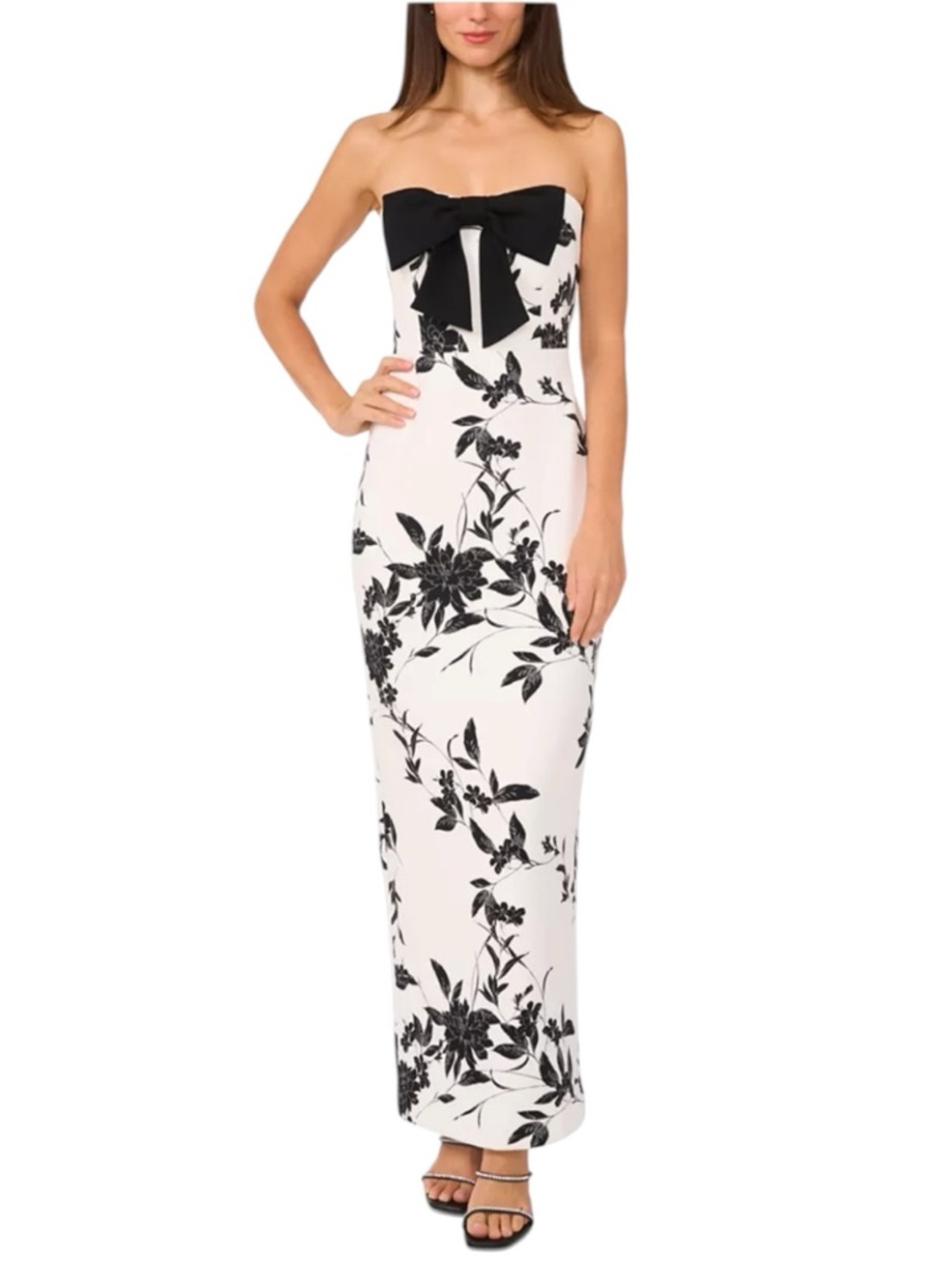 NWT CeCe Black & White Strapless Bow-Trim Scuba Floral Print Maxi Dress